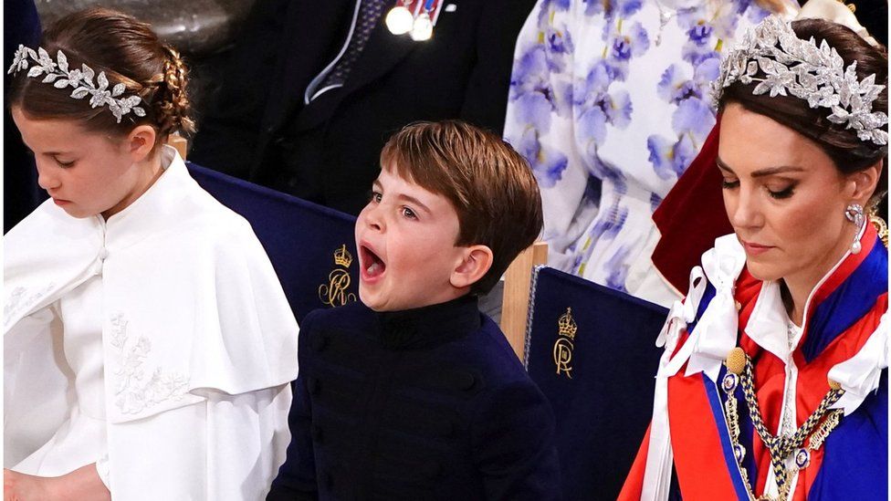 Princess Charlotte, Prince Louis and Catherine, Princess of Wales at the coronation ceremony of King Charles III and Queen Camilla in Westminster Abbey, London