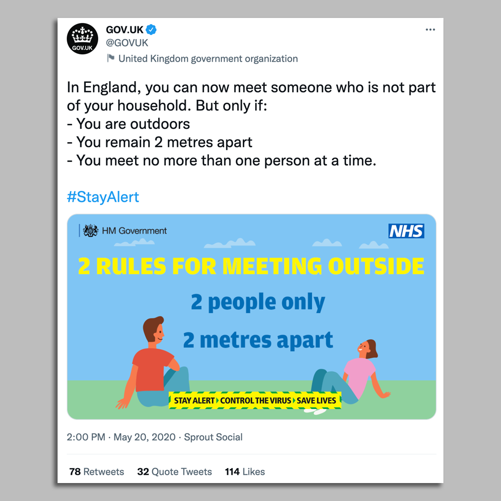 gov.uk tweet: "In England, you can now meet someone who is not part of your household. But only if you are: outdoors, remain 2m apart, you meet no more than one person at a time"