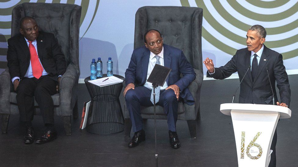 South Africa President Cyril Ramaphosa, Patrice Motsepe (centre) and former US President Barack Obama at the 2018 Nelson Mandela annual lecture