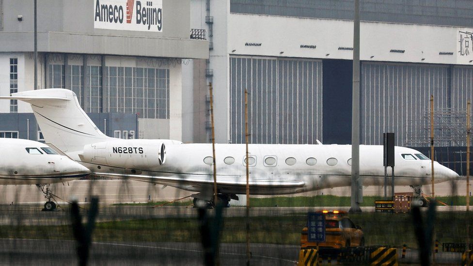 Tesla chief executive Elon Musk's private jet is seen at Beijing Capital International Airport in Beijing, China.