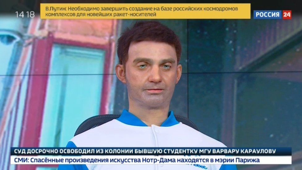 Screengrab of robot presenter presenting Rossiya 24 TV