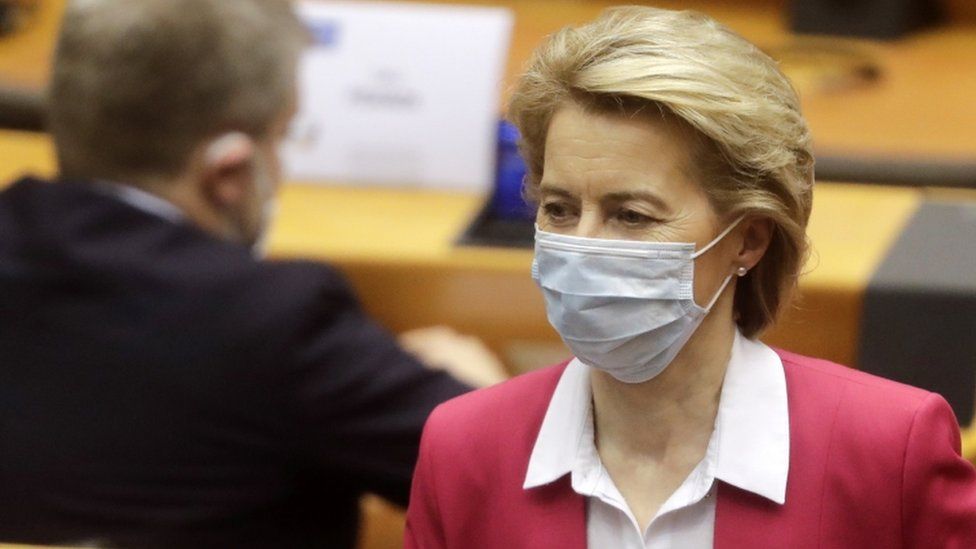 Ursula von der Leyen wearing a face mask in the European Parliament