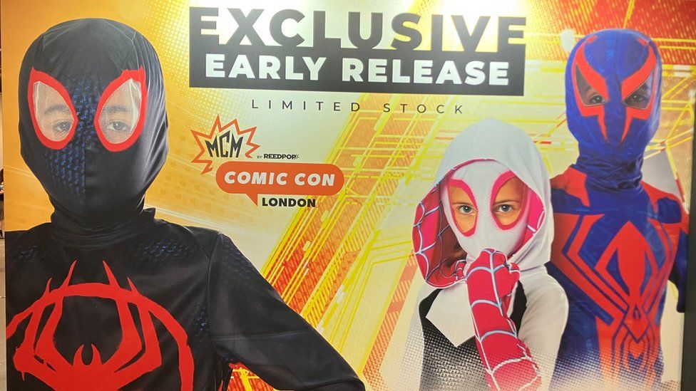 Advertising billboard at MCM Comic-Con for Spider-Man costumes