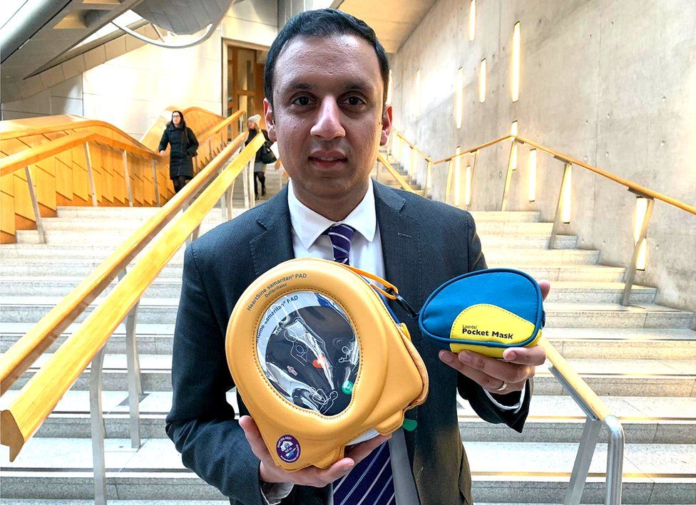 Anas Sarwar with defibrillator