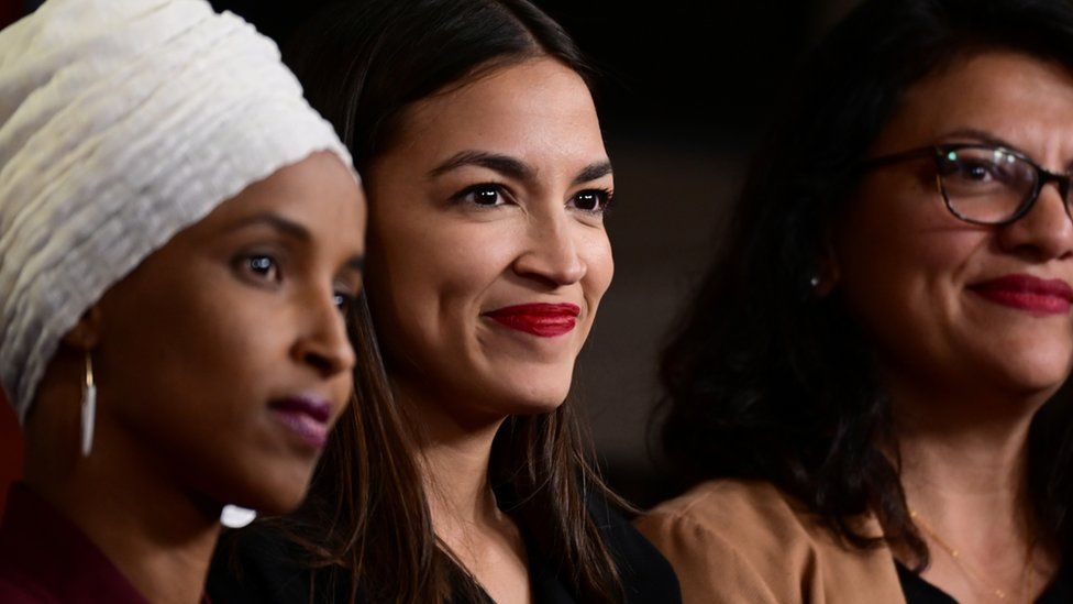Faces of Rep Ilhan Omar, Democrat of Minnesota, left, shown with Alexandria Ocasio-Cortez of Queens, New York, and Rashida Tlaib of Michigan, spoke out against the president