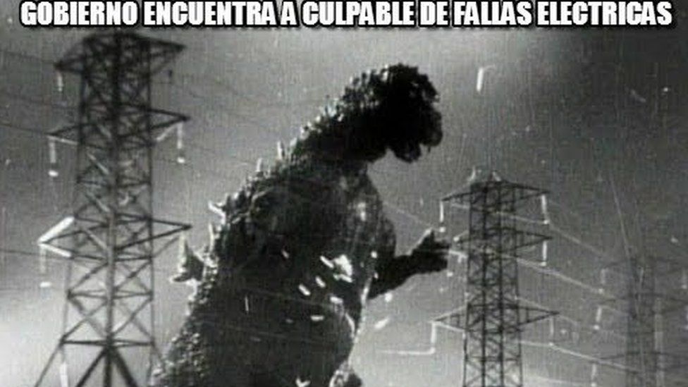 A meme shows Godzilla tearing through power lines