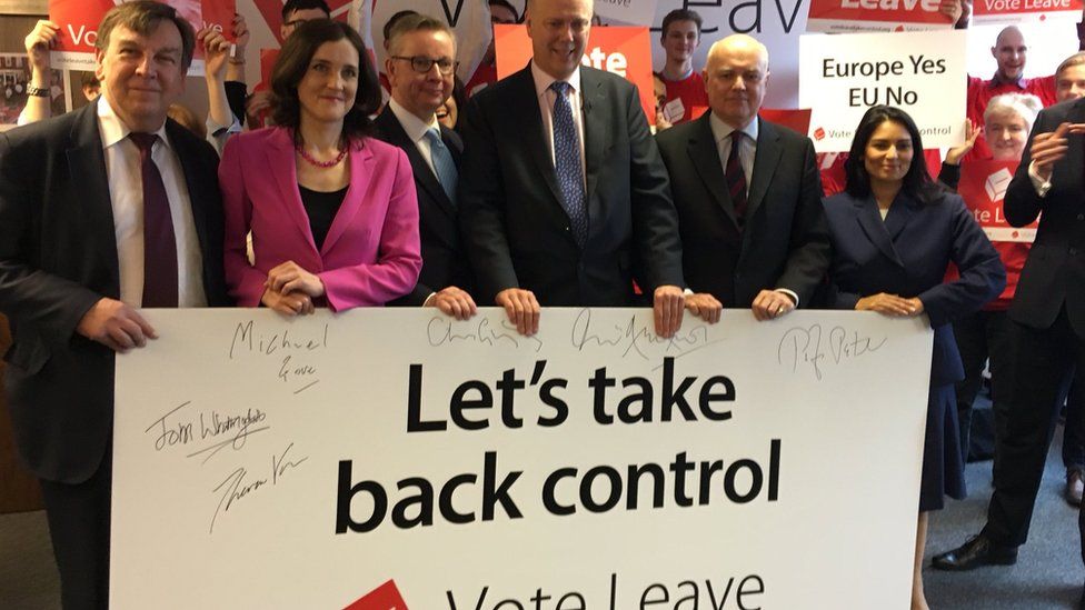Group photo of ministers including Chris Grayling and Michael Gove, part of the out campaign / Vote Leave, Take Control campaign, holding a signed banner - slogan: Let's take back control