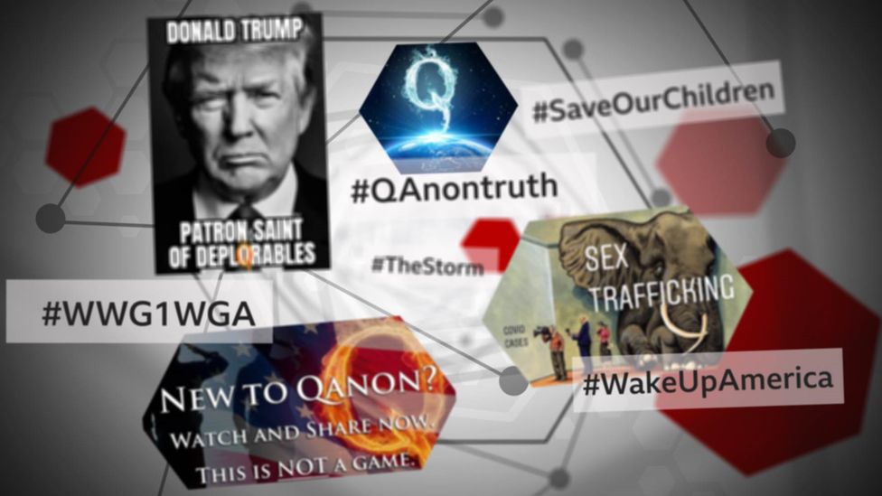 QAnon-related memes and hashtags