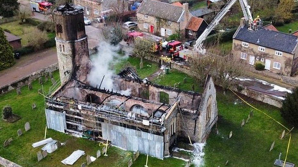 Aerial view of fire-ravaged Beachamwell church