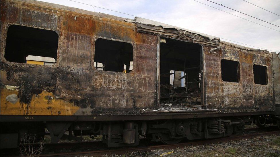 A burnt-out train