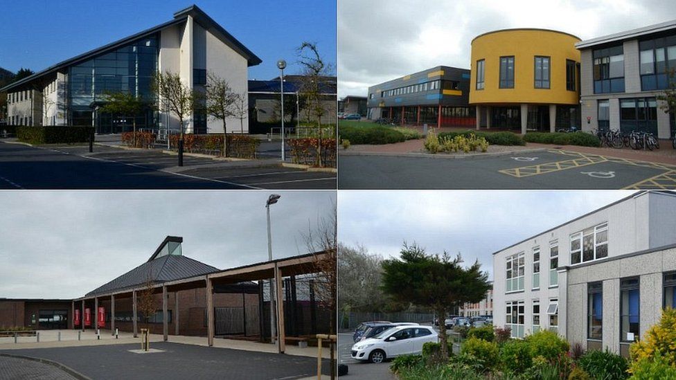 Guernsey secondary schools. Clockwise from top left; Grammar School, St Sampson's High, La Mare de Carteret High and Les Beaucamps High