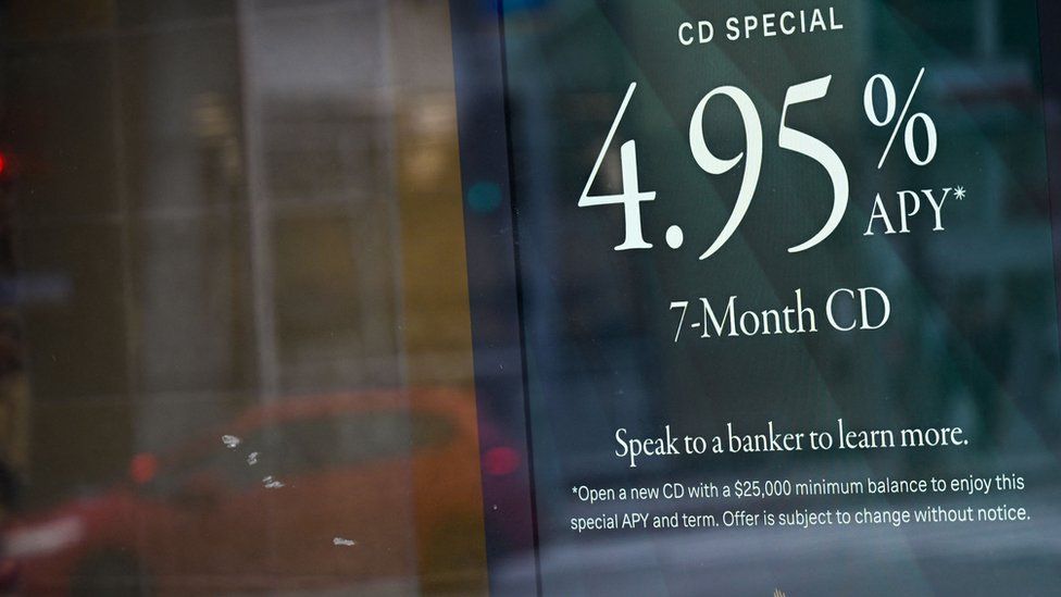 Signage for Certificate of Deposit interest rates is displayed outside of a First Republic Bank branch in Santa Monica, California on March 20, 2023.