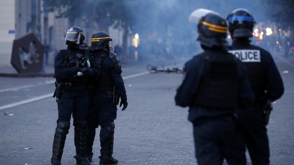 Riot police during clashes after a demonstration in memory of 17-year-old Nahel who was killed by French Police in Marseille, France, 30 June 2023