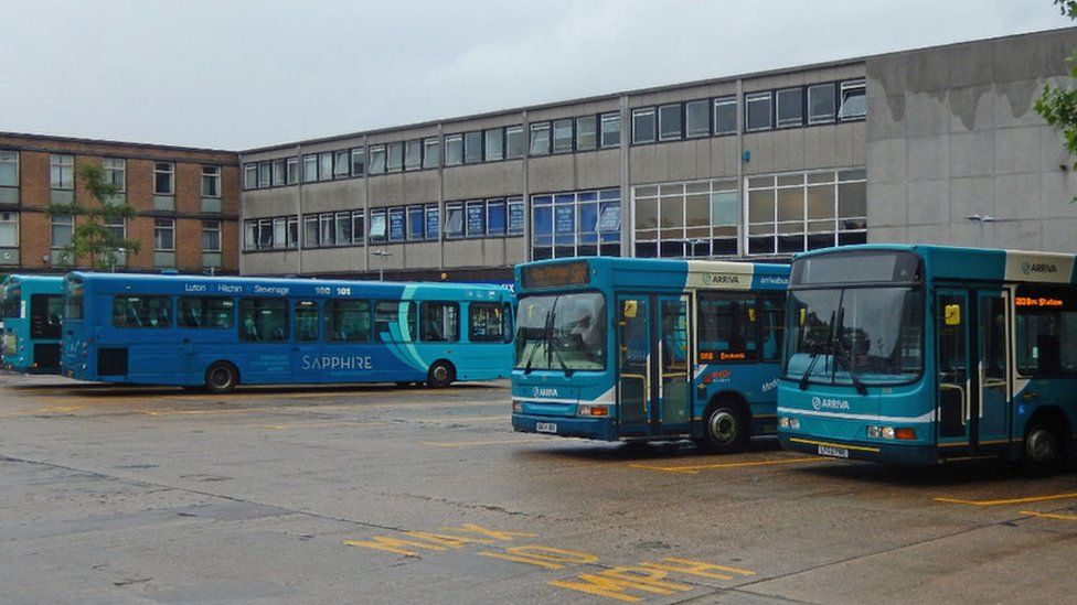 A line-up of Arriva vehicles at the town's bus station.