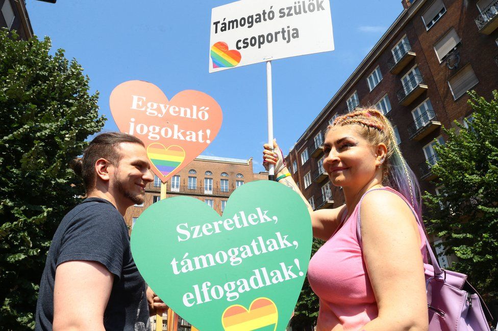 Participants in the lesbian, gay, bisexual and transgender (LGBT) Pride Parade in Budapest on July 24, 2021.