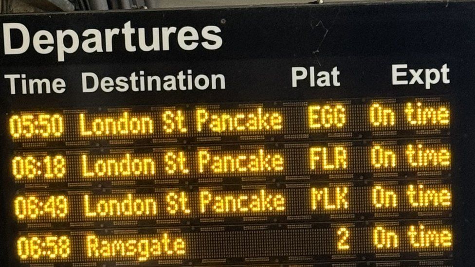 A Southeastern Rail noticeboard altered for pancake day