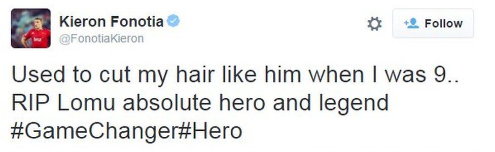 Kieron Fonotia tweets "Used to cut my hair like him when I was 9.. RIP Lomu absolute hero and legend #GameChanger#Hero"