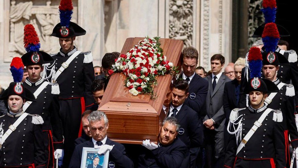 Pallbearers carry the coffin of former Italian Prime Minister Silvio Berlusconi during his state funeral at the Duomo Cathedral, in Milan, Italy June 14, 2023