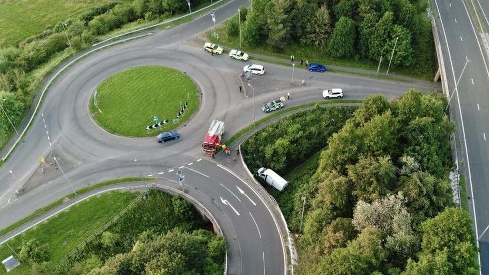 Aerial view of the van crashed down a ravine