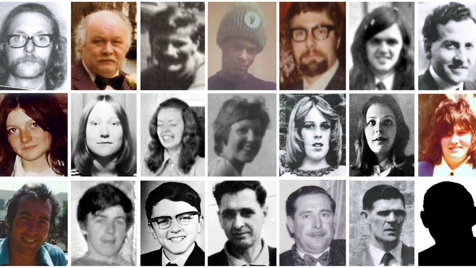 Victims (top row, left to right) Michael Beasley, 30, Stan Bodman, 47, James Craig, 34, Paul Davies, 17, Trevor Thrupp, 33, Desmond Reilly, 20 and James Caddick, 40, (second row, left to right) Maxine Hambleton, 18, Jane Davis, 17, Maureen Roberts, 20, Lynn (Lyn) Bennett, 18, Anne Hayes, 18, Marilyn Nash, 22 and Pamela Palmer, 19, (bottom row, left to right) Thomas Chaytor, 28, Eugene Reilly, 23, Stephen Whalley, 21, John Rowlands, 46, John "Cliff" Jones, 51, Charles Gray, 44, and Neil Marsh, 16 (no picture available)