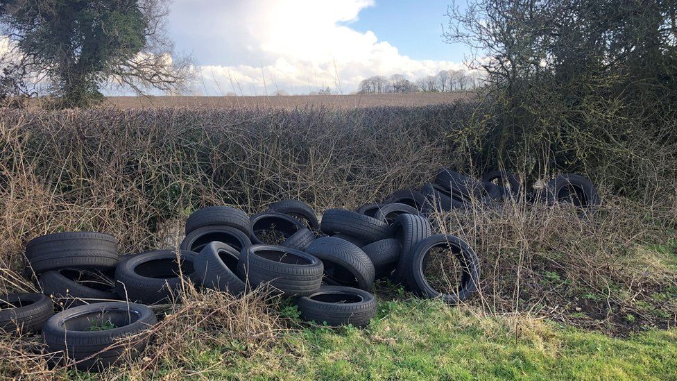 Fly-tipped tyres, north Norfolk