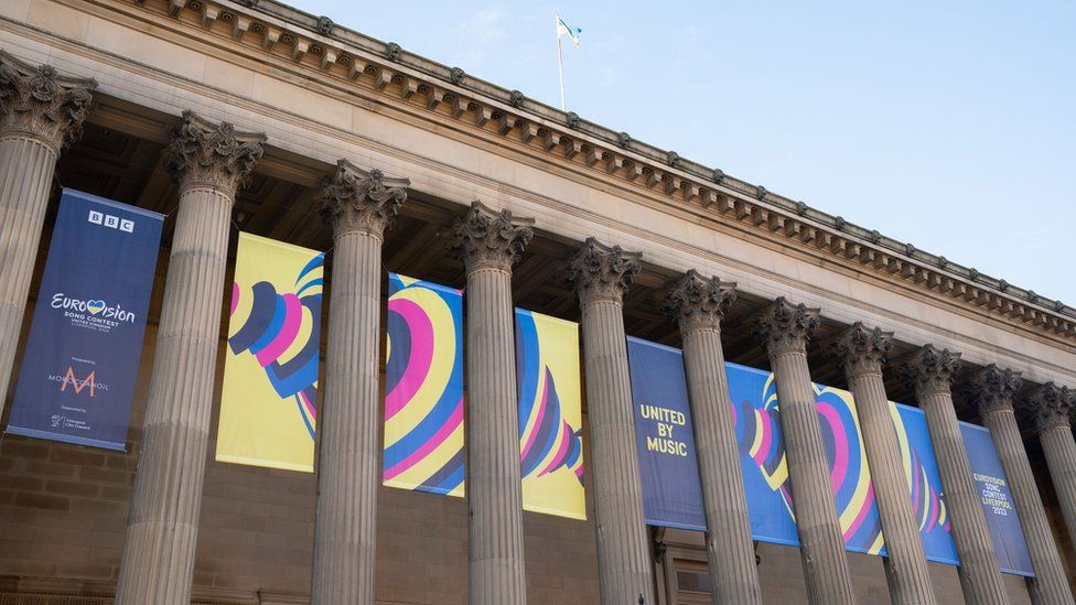 The new Eurovision banner on display outside St George's Hall in Liverpool