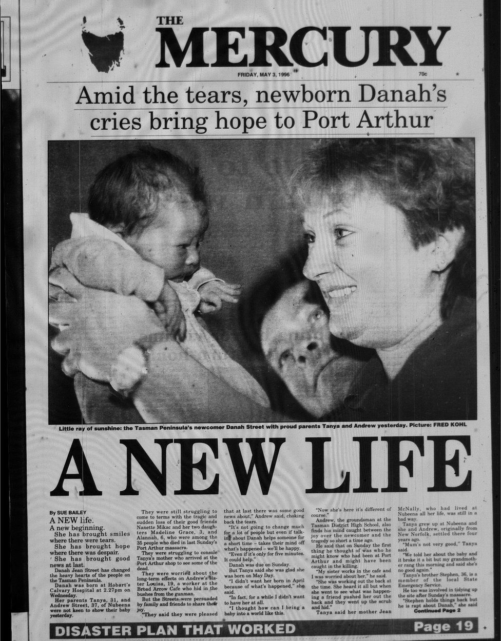 Hobart Mercury front page from 1996 showing newborn baby from Port Arthur