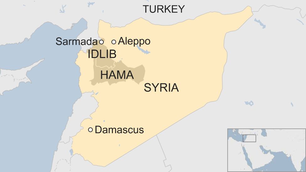 Map of Syria showing location of Sarmada, Idlib province