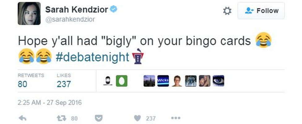 Tweet reading: "Hope y'all had 'bigly' on your bingo cards"