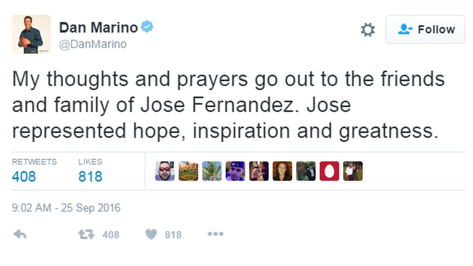 Tweet: "My thoughts and prayers go out to the friends and family of Jose Fernandez. Joes represented hope, inspiration and greatness."