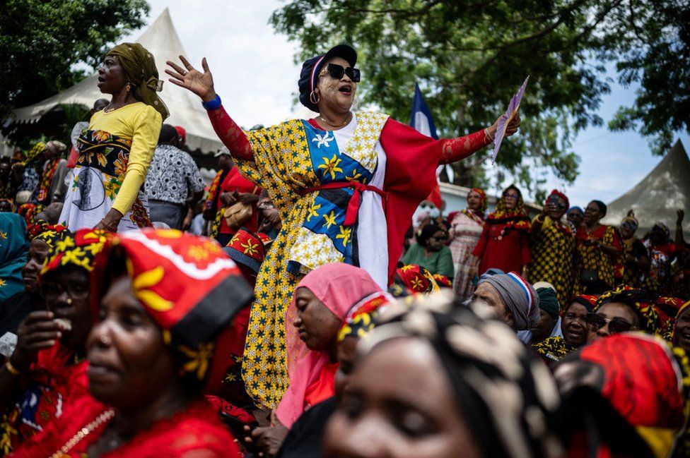 People gather to take part in a protest Pamandzi on the island of Mayotte