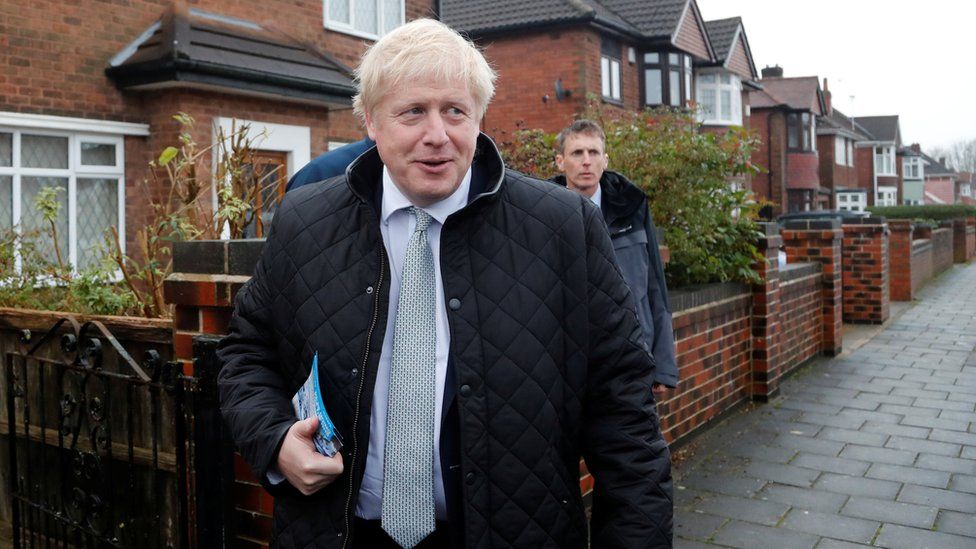 Britain's Prime Minister Boris Johnson campaigns in Mansfield on Saturday