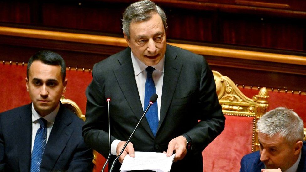 Italy's PM Mario Draghi looks addresses senators on the government crisis following his resignation the week before, at the Senate in Rome on July 20, 2022
