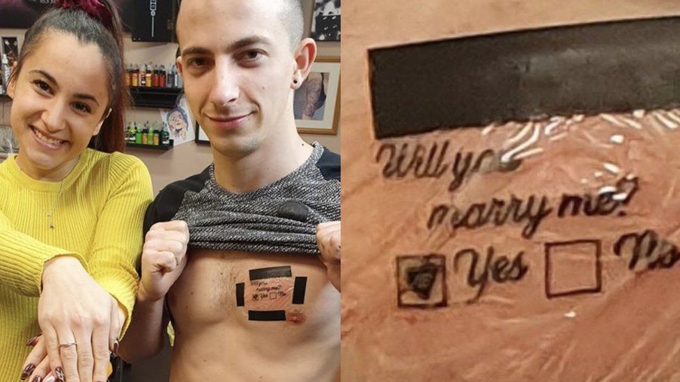 Picture of a tattoo saying 'will you marry me' with a 'yes or no' tick box