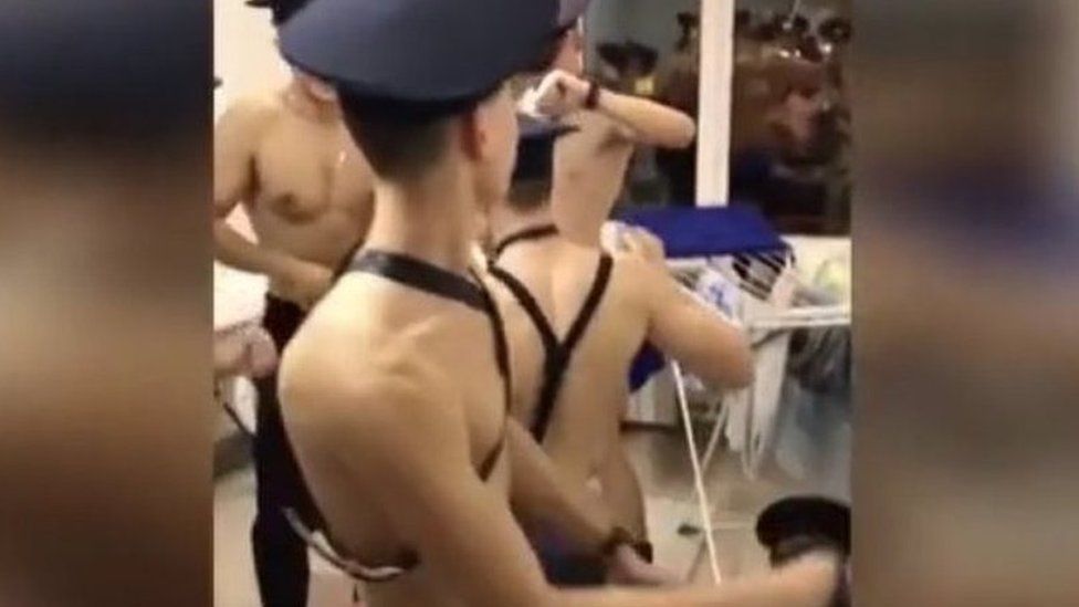 Screen grab from video showing air cadets in Russia dancing in their underwear
