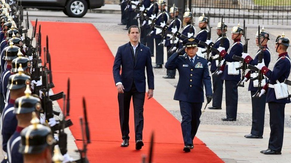 Venezuelan opposition leader Juan Guaidó arrives for a meeting at the presidential palace in Bogota on 19 January, 2020.