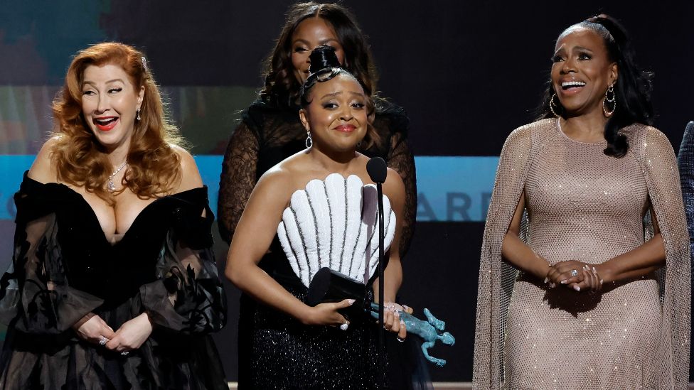 Lisa Ann Walter, Quinta Brunson, Janelle James, and Sheryl Lee Ralph accept the Outstanding Performance by an Ensemble in a Comedy Series award for "Abbott Elementa" onstage during the 29th Annual Screen Actors Guild Awards at Fairmont Century Plaza on February 26, 2023 in Los Angeles, California