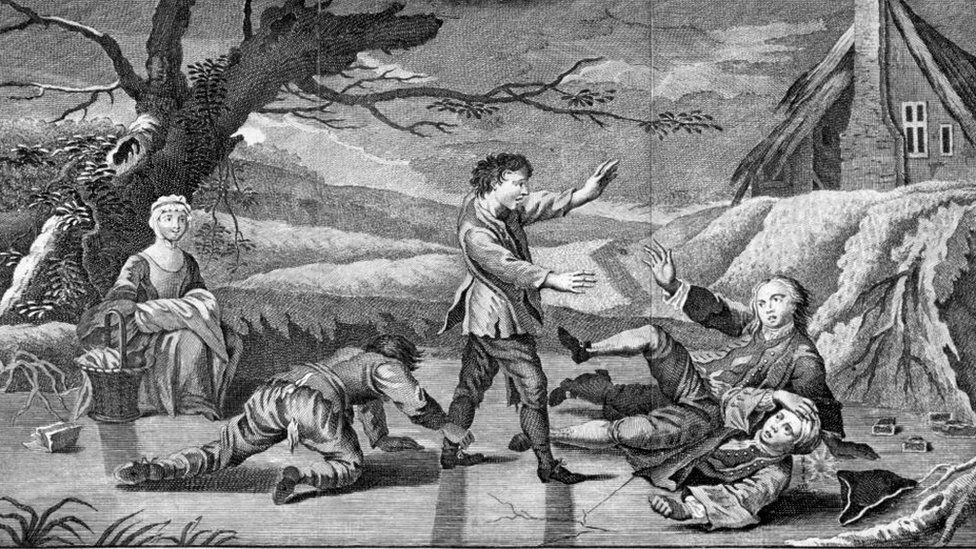 "The Humorous Diversion of Sliding on the Ice" c1745. On the right a young man has slipped and hit his head where blood pours from the wound