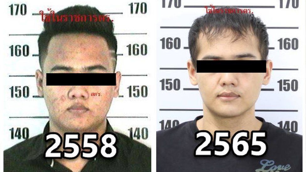 Police mug shots of Sawangjaeng before and after his surgery