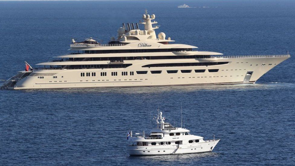 The luxury superyacht "Dilbar" sails off the coasts of Monaco on April 20, 2017