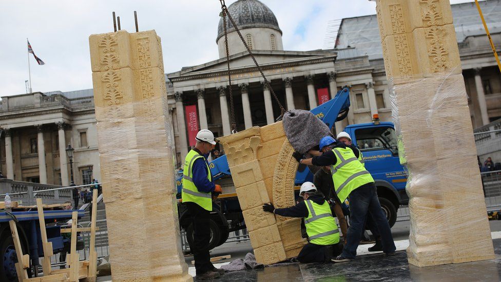 The replica of the Arch of Triumph being constructed in Trafalgar Square