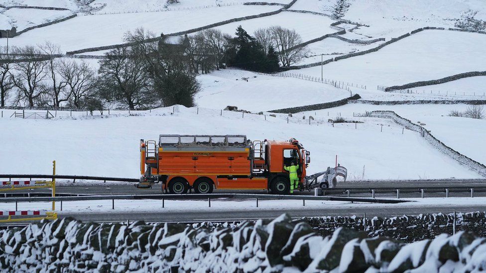 A snow plough on the A66 near Bowes in County Durham where the road was closed due to heavy snow