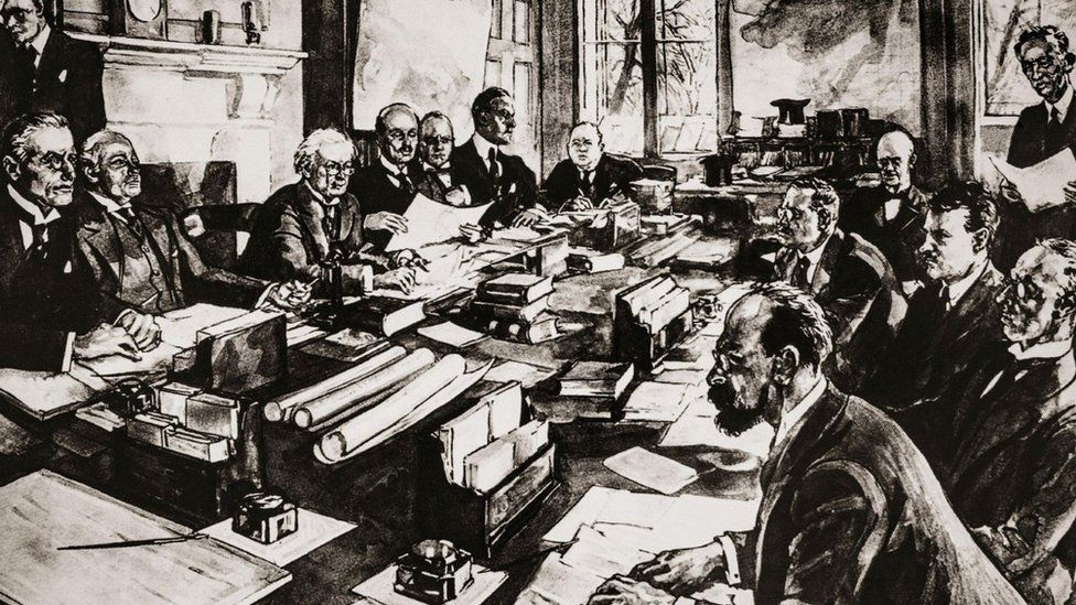 A drawing of the Anglo-Irish treaty being discussed