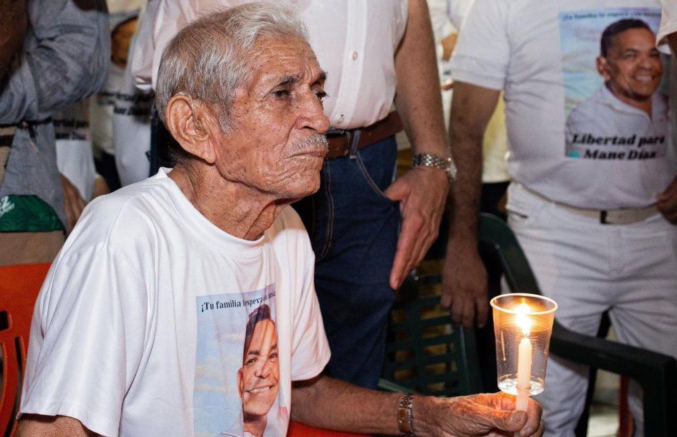 Alfonso Diaz, grandfather of Liverpool's soccer player Luis Diaz, participates in a sit-in with friends, family and locals asking for the release of his kidnapped son in Barrancas, Colombia, 31 October 2023.