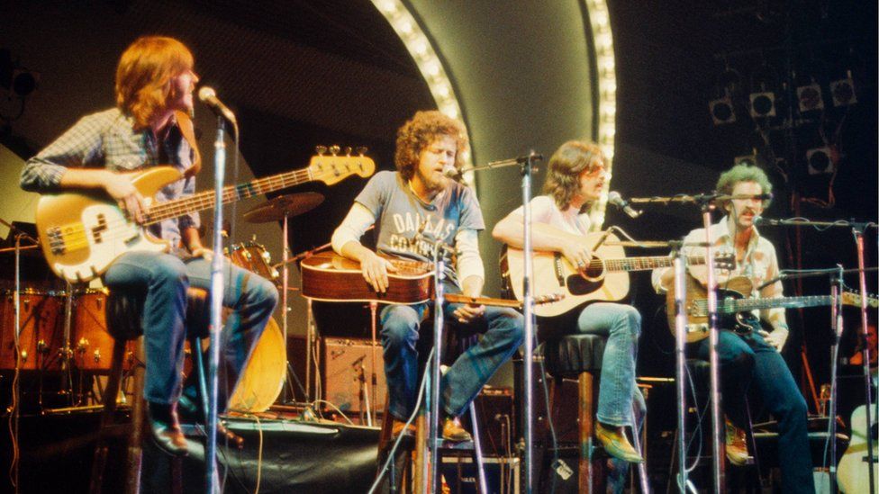 (L-R) Randy Meisner, Don Henley, Glenn Frey and Bernie Leadon of The Eagles in 1973
