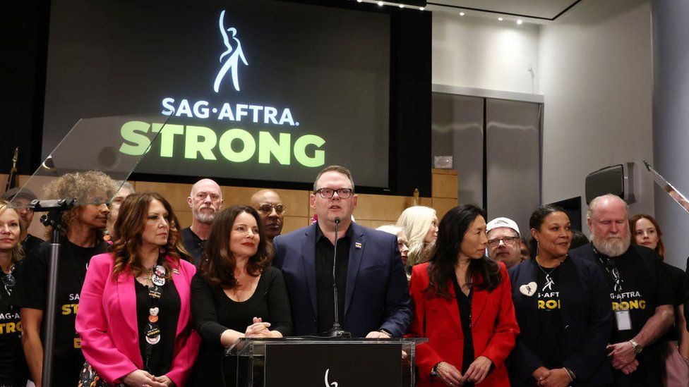 Sag-Aftra's negotiating team at a Friday news conference