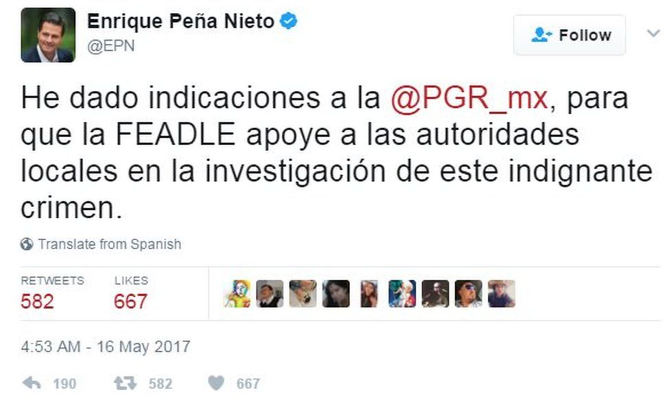 Tweet by Enrique Pena Nieto where he says: "I have given instructions to the @PGR_mx, the FEADLE support to local authorities in the investigation of this outrageous crime."