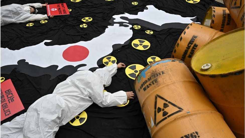 South Korean biology  activists execute  during a protestation  successful  Seoul against Japan's program  to discharge Fukushima radioactive h2o  into the sea, arsenic  they people    World Oceans Day connected  June 8, 2022.