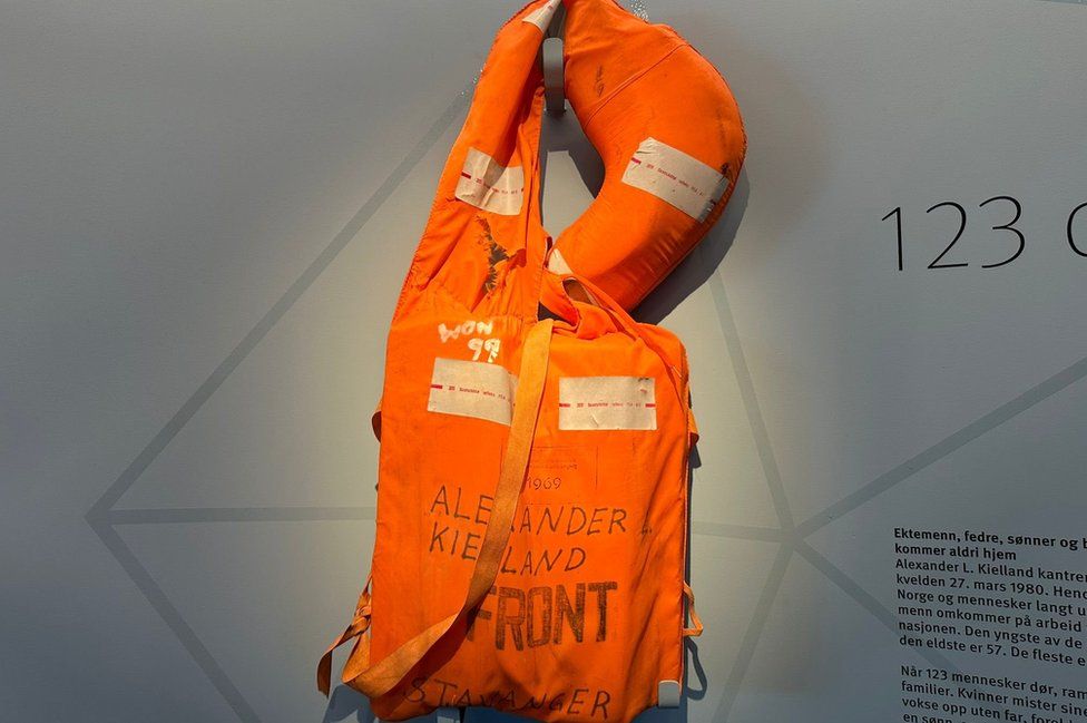 An orange life preserver from the Kielland on display in the museum