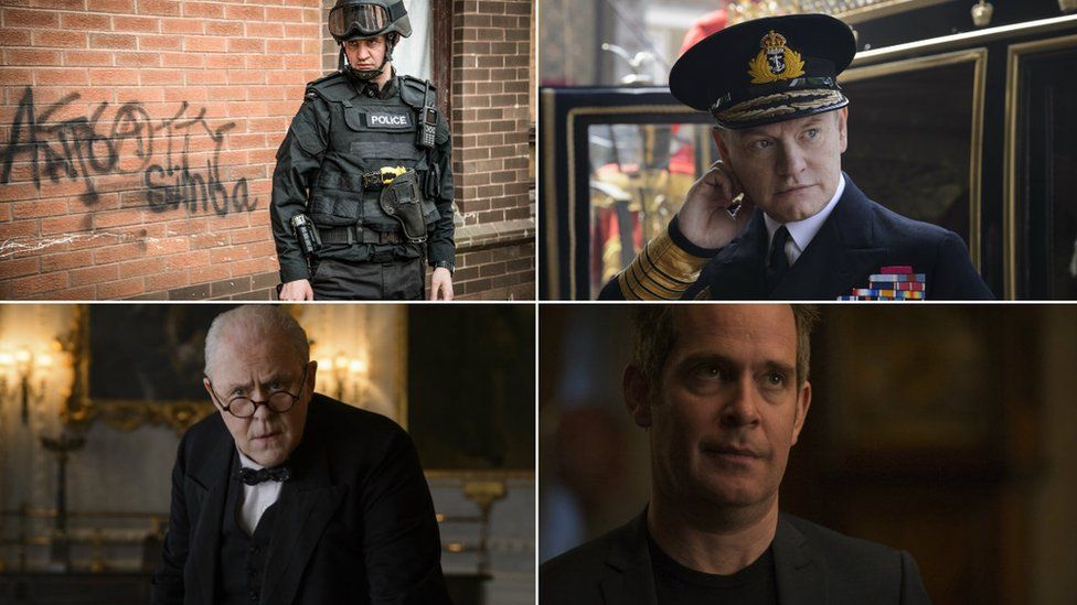 Clockwise from top left: Daniel Mays in Line of Duty; Jared Harris in The Crown; Tom Hollander in The Night Manager; John Lithgow in The Crown